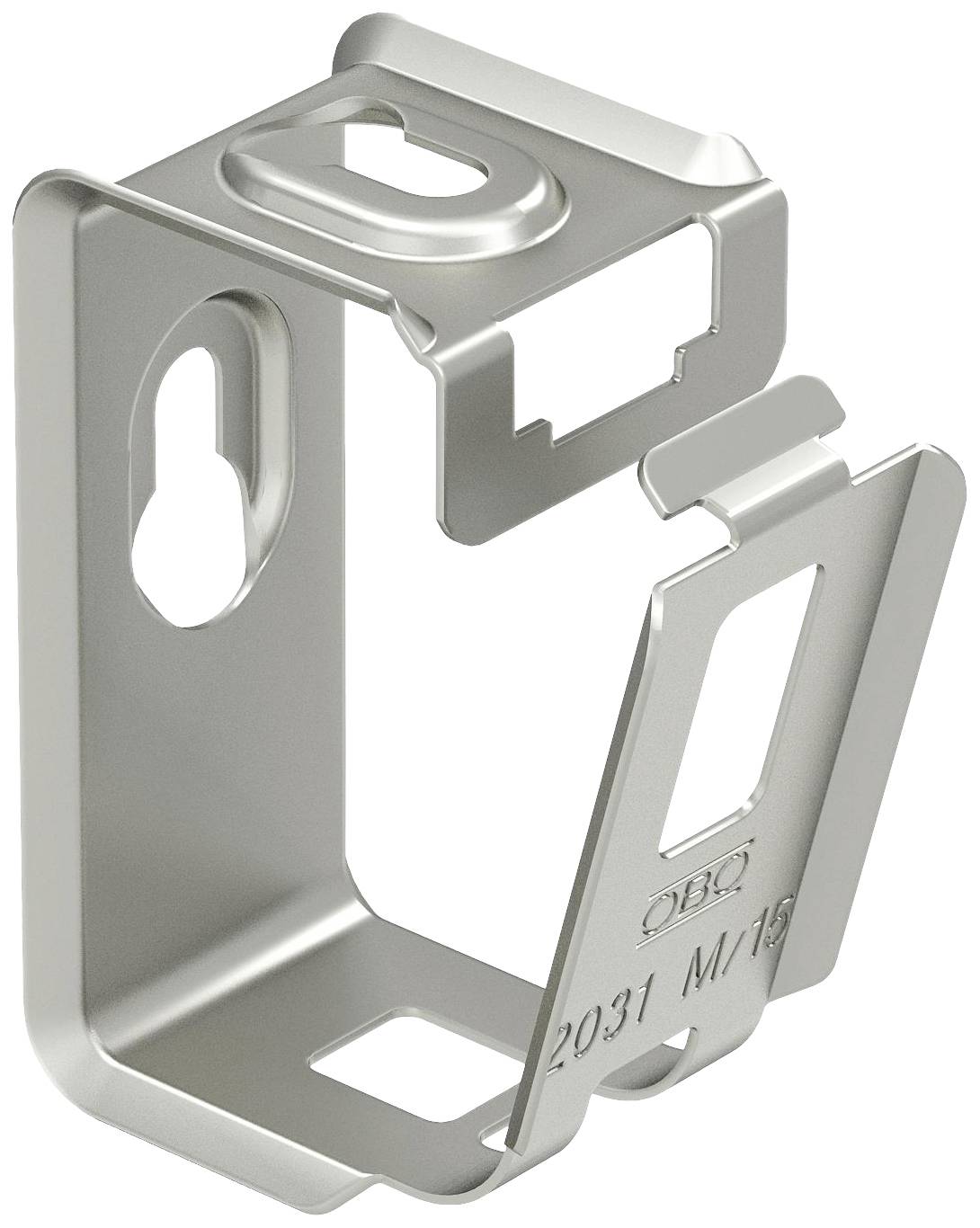Kovinska kabelska sponka v srebrni barvi, primerna za pritrjevanje kablov na stene ali strope, z pravokotnimi in ovalnimi odprtinami.