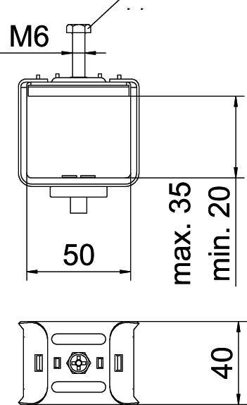 Tehnična risba kvadratnega dela z merami: 50x40 mm. Vertikalna pritrditev M6, območje višine 20-35 mm.