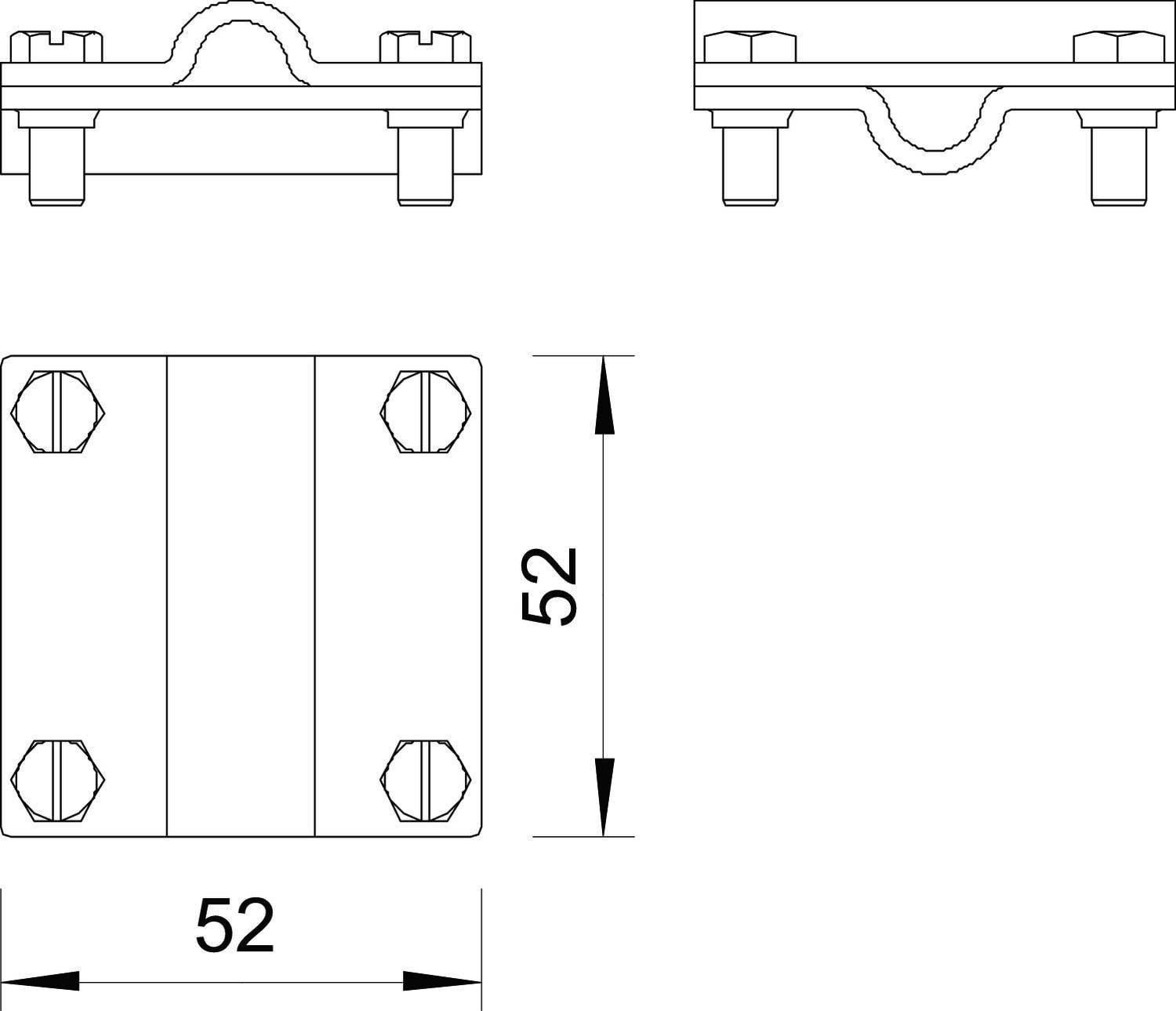 Tehnična risba kovinskega spojnika z dimenzijami 52x52 mm. Prikazuje čelni pogled in stranski pogled z položaji vijakov.