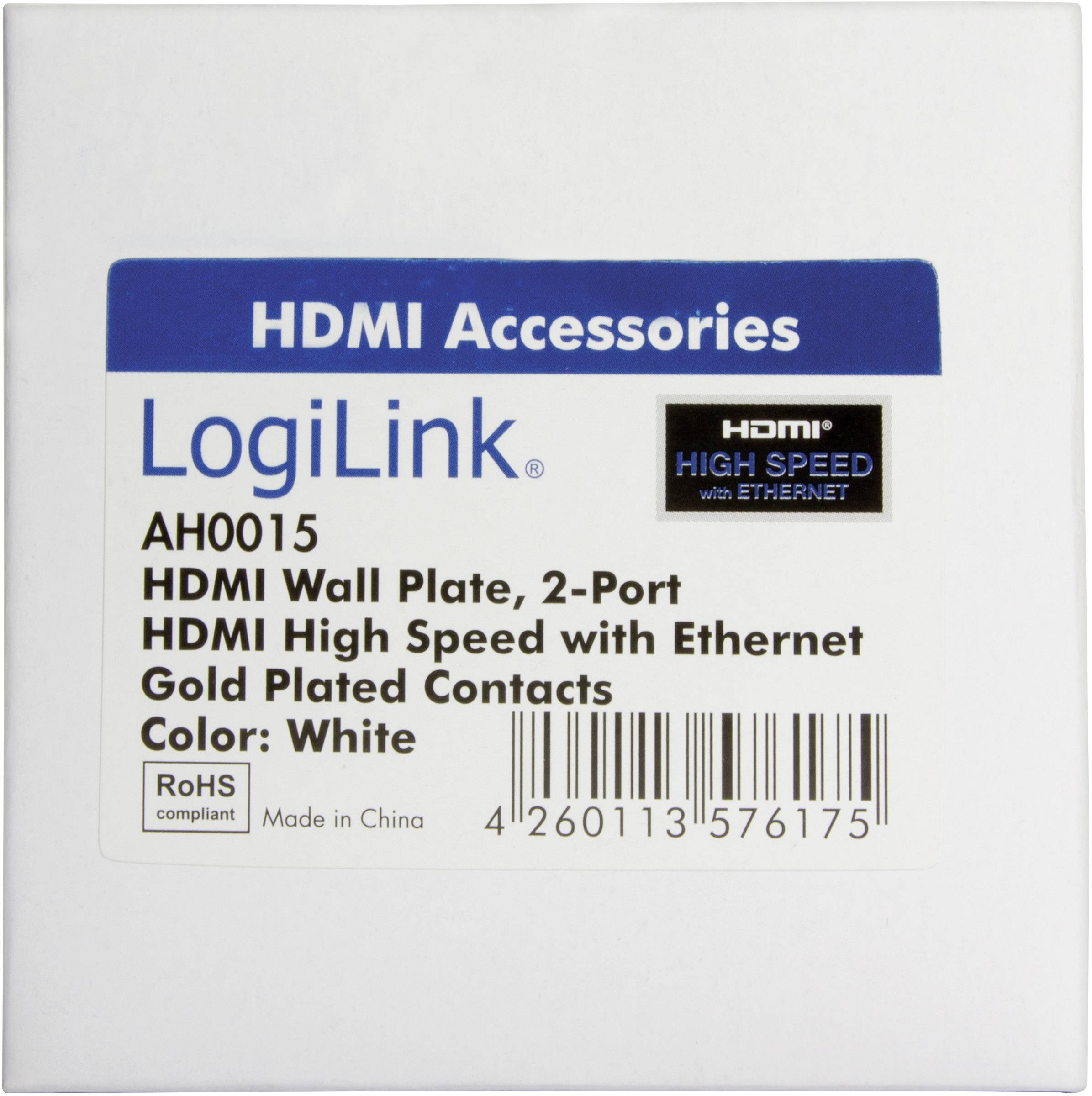 HDMI stenski priključek LogiLink, model AH0015: 2-portni, HDMI High Speed z Ethernetom, pozlačeni kontakti, barva: bela. Izdelano na Kitajskem.
