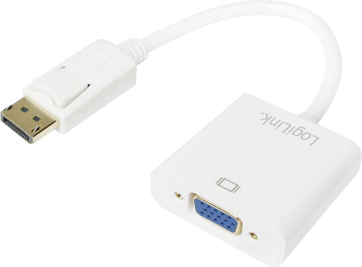 Bel adapter iz DisplayPort na VGA, s kratkim kablom vmes, za povezovanje sodobnih naprav s starejšimi monitorji.