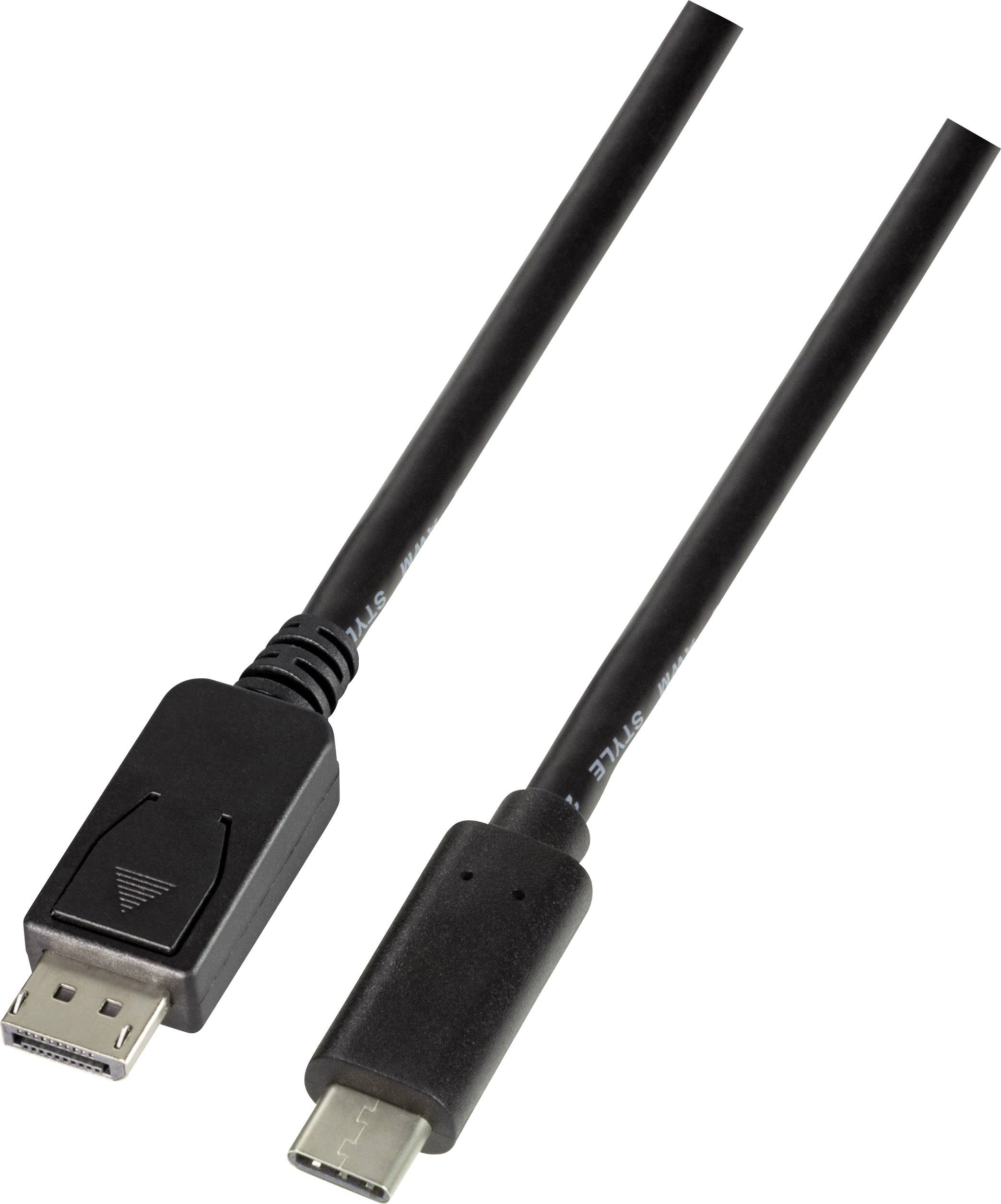 Črn kabel z DisplayPort vtičem na eni strani in USB-C vtičem na drugi strani.