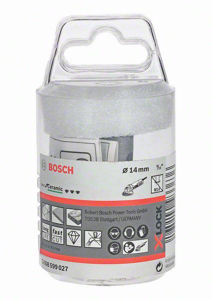 Oprema za vrtalne stroje v prozorni embalaži z logotipom Bosch; vsebuje keramično sveder premera 14 mm, primeren za sistem X-Lock.