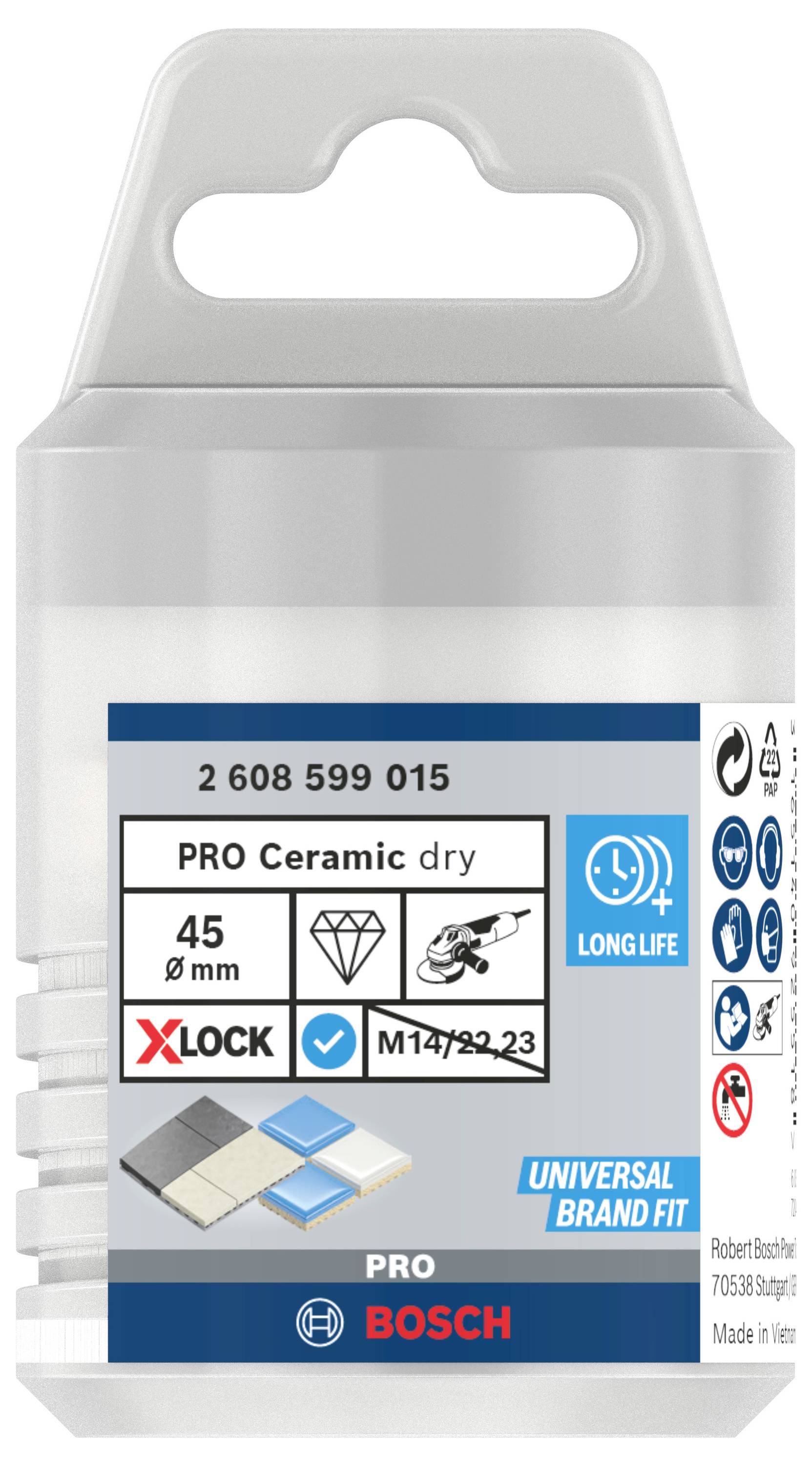 Embalaža PRO Ceramic rezalnega diska za suho rezanje Bosch, primeren za 45 mm plošče, z X-LOCK sistemom in dolgo življenjsko dobo.