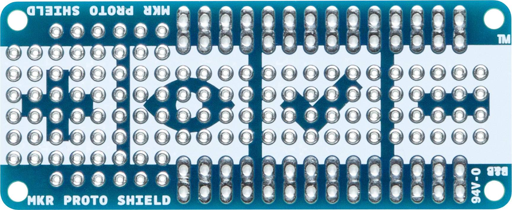 Ploščica prototipnega ščita tiskanega vezja z mrežo spajkalnih točk in napisom 'MKR PROTO SHIELD'.