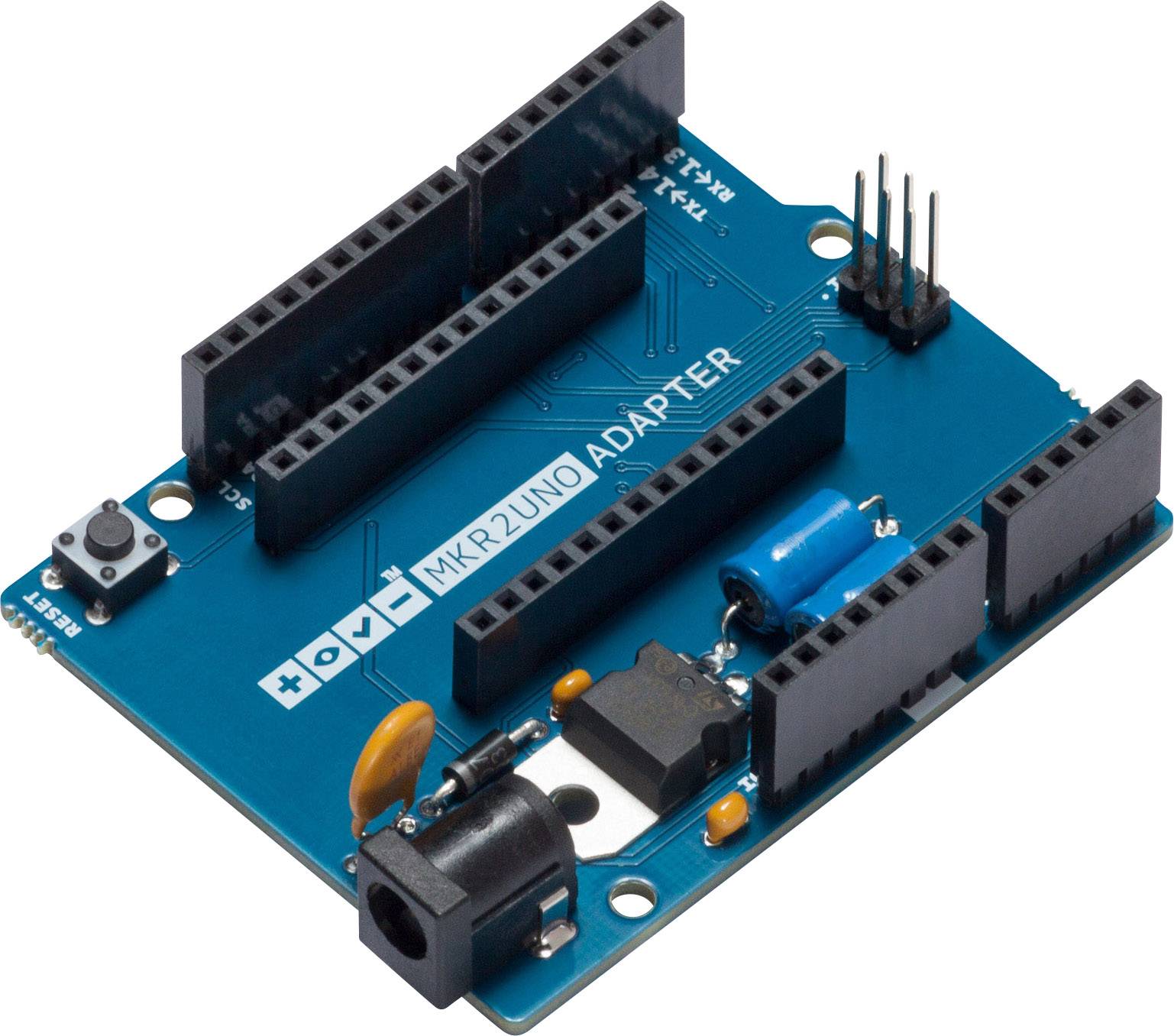 Moder Arduino MKR2UNO adapter z več priključki. Predvsem namenjen povezovanju Arduino MKR komponent z UNO ploščami.