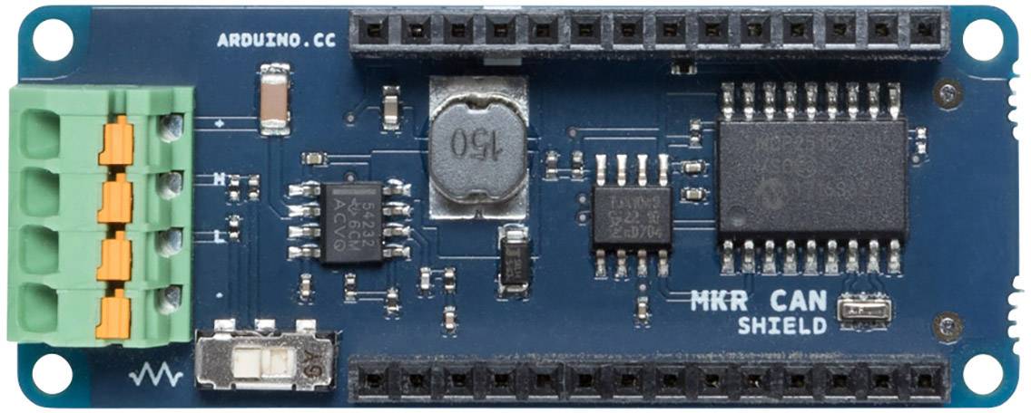 Elektronska plošča 'MKR CAN Shield' z več priključki, čipi in napisom 'ARDUINO.CC'. Razvita za Arduino projekte.