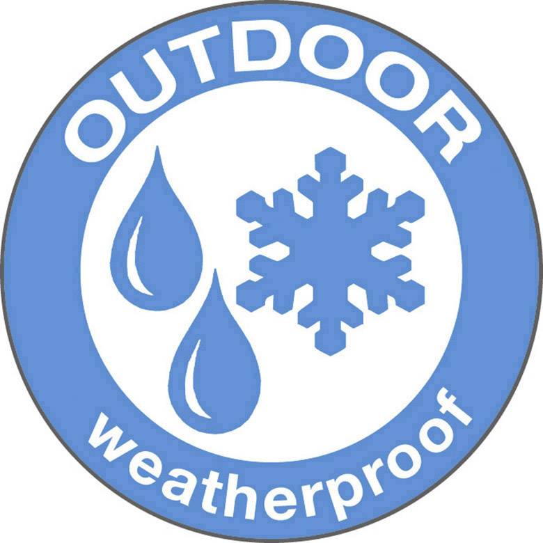 Modra krožna logotipa z veliko snežinko in dvema kapljicama vode. Besedilo zgoraj: 'OUTDOOR', besedilo spodaj: 'weatherproof'.