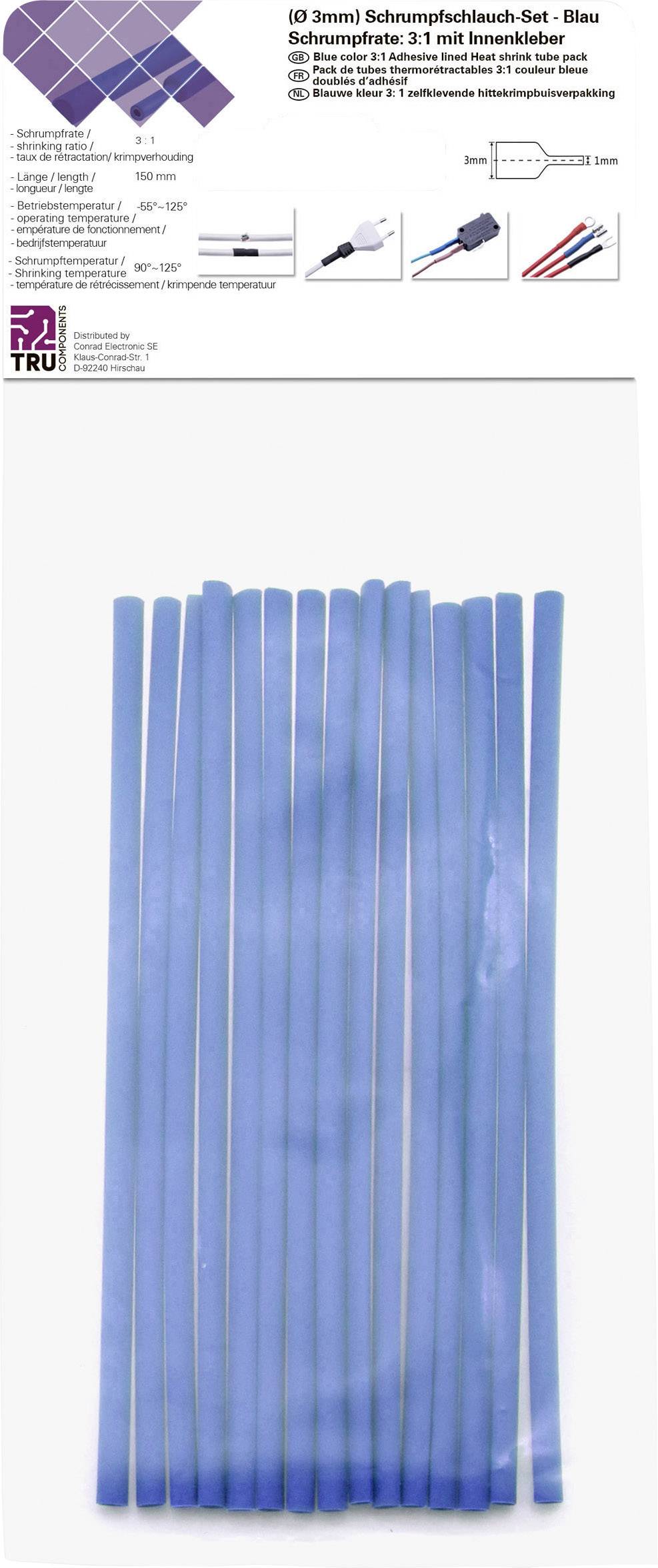 Modri komplet skrčnih cevi z 30 kosi po 10 cm, s stopnjo krčenja 3:1 in notranjo lepilno plastjo, primeren za električne kablovske spoje.