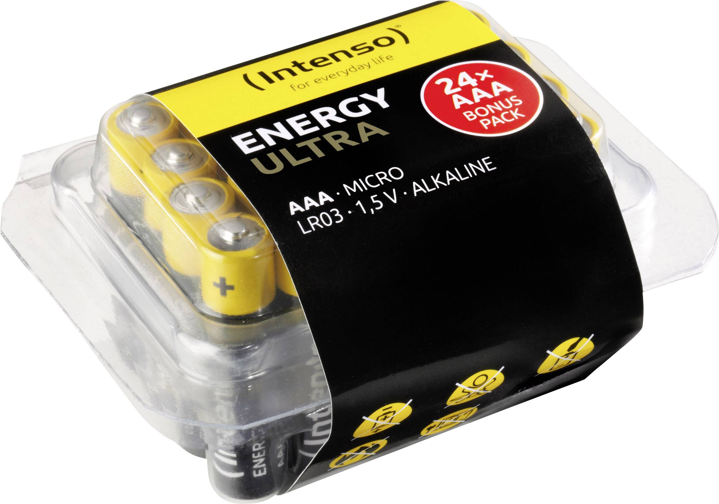 Paket z 24 AAA alkalnimi baterijami znamke Intenso, označen z 'ENERGY ULTRA' in 'Bonus Pack'.