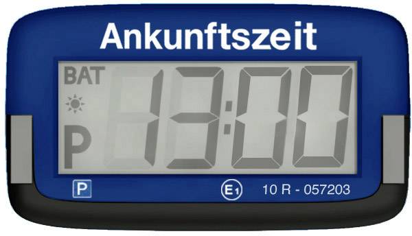 Elektronska parkirna ura prikazuje čas prihoda '13:00'. Zgoraj na modrem ozadju piše 'Čas prihoda'.