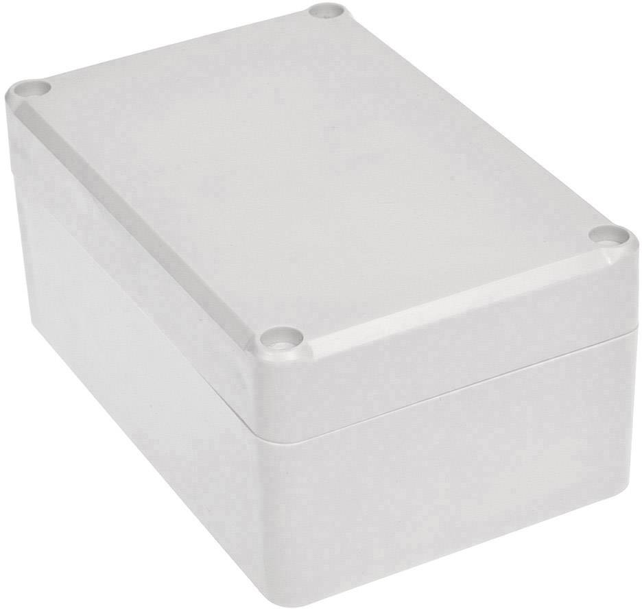 Pravokotno belo plastično ohišje z zaobljenimi robovi in vidnimi luknjami za vijake na vogalih zgornje plošče.