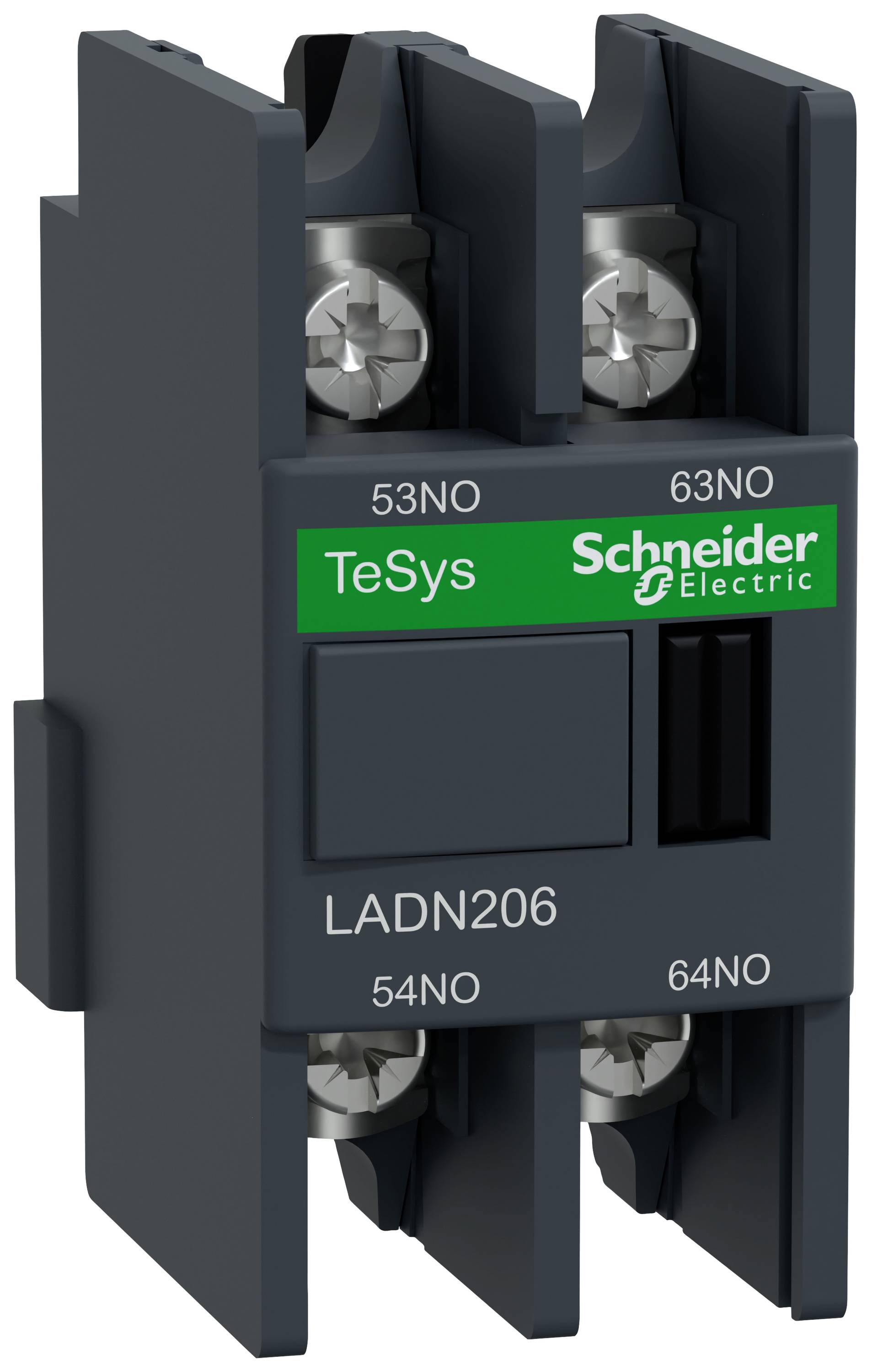 Električni kontaktor znamke Schneider Electric, model TeSys LADC206, s kvadratno obliko in zeleno oznako.