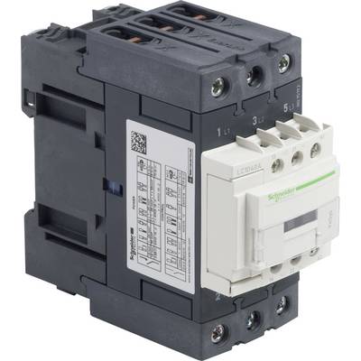 Schneider Electric-jev kontaktor z modelnimi številkami in tehničnimi podrobnostmi na nalepki, pretežno v črni in beli barvi.