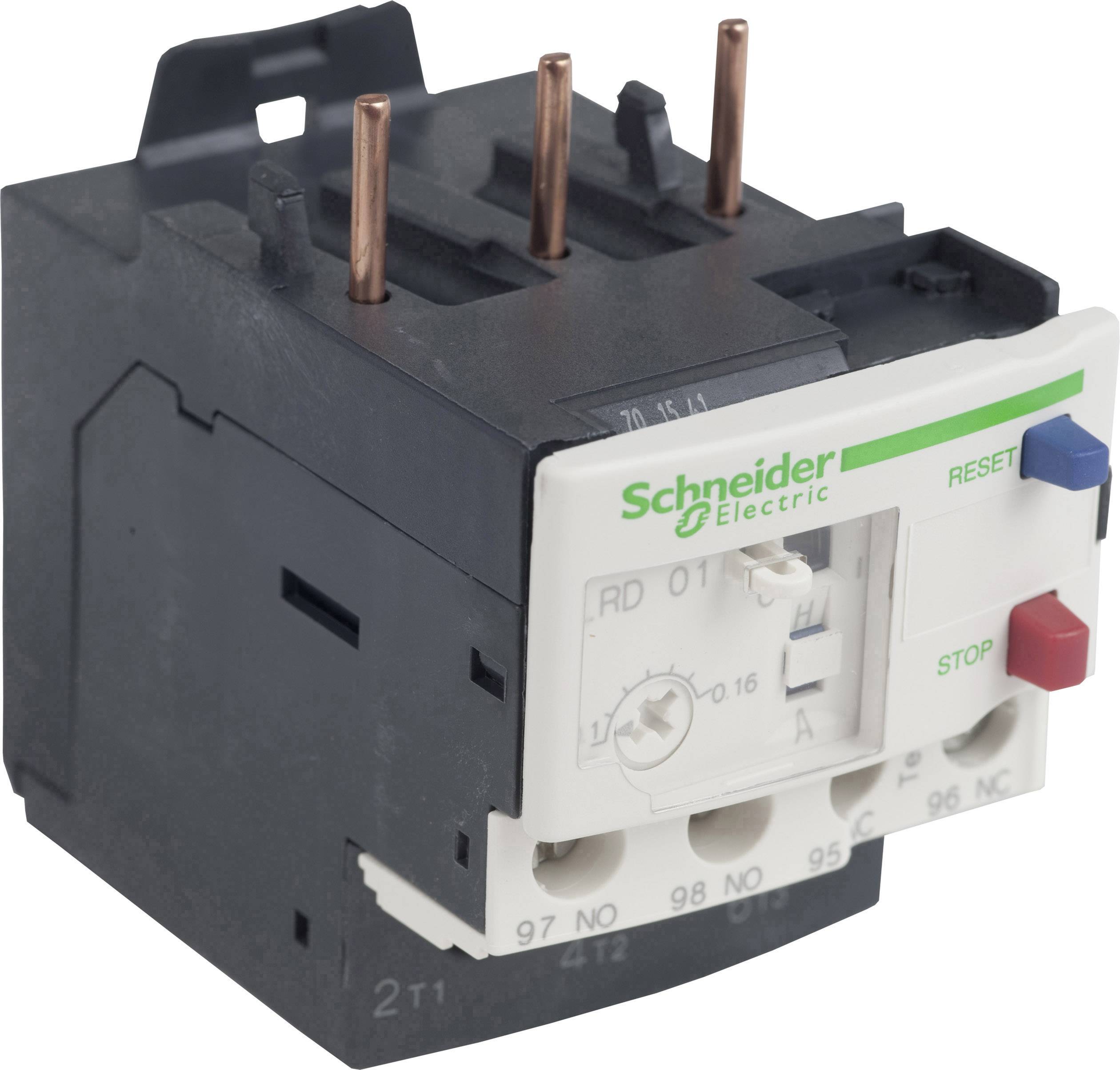 Električno preobremenitveno rele podjetja Schneider Electric z gumbi za ponastavitev in zaustavitev, primerno za zaščito motorjev.