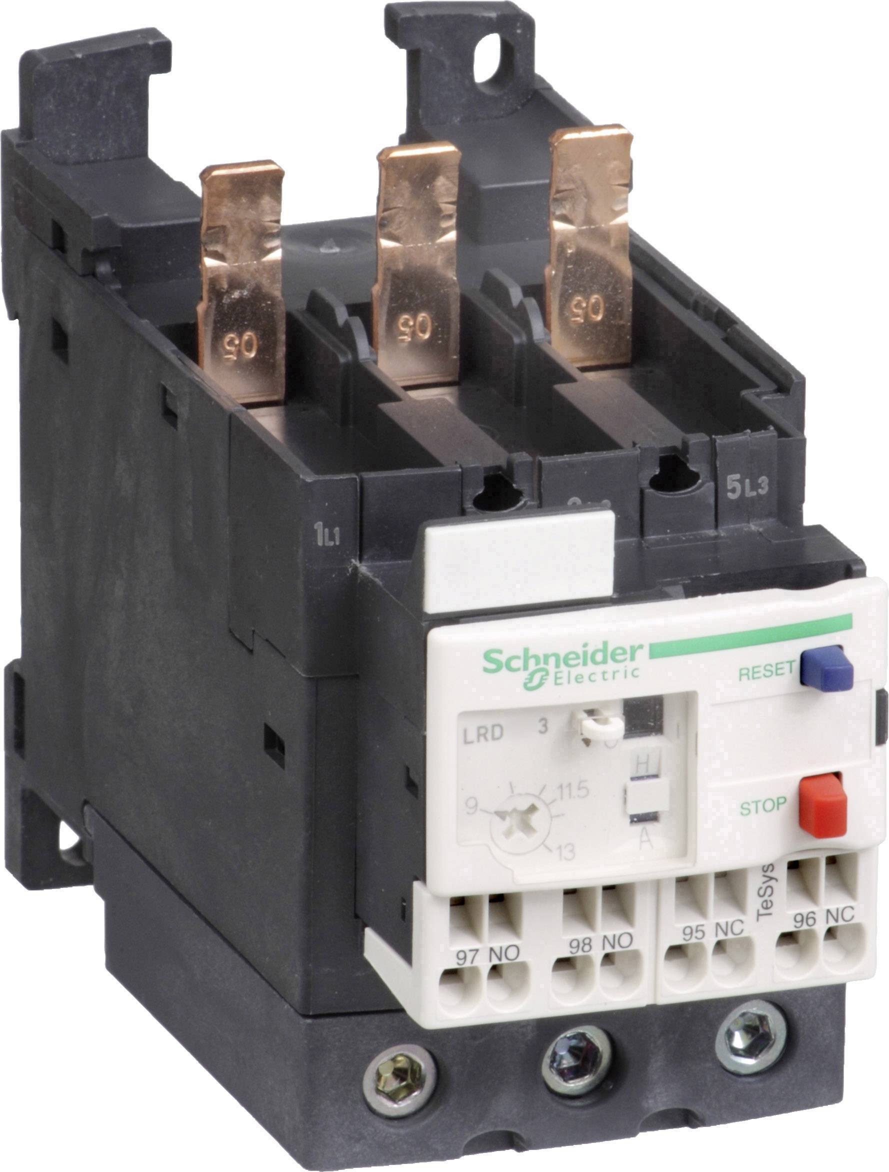 Industrijski kontaktor Schneider Electric s Baker priključki, krmilnimi gumbi in označenimi sponkami.