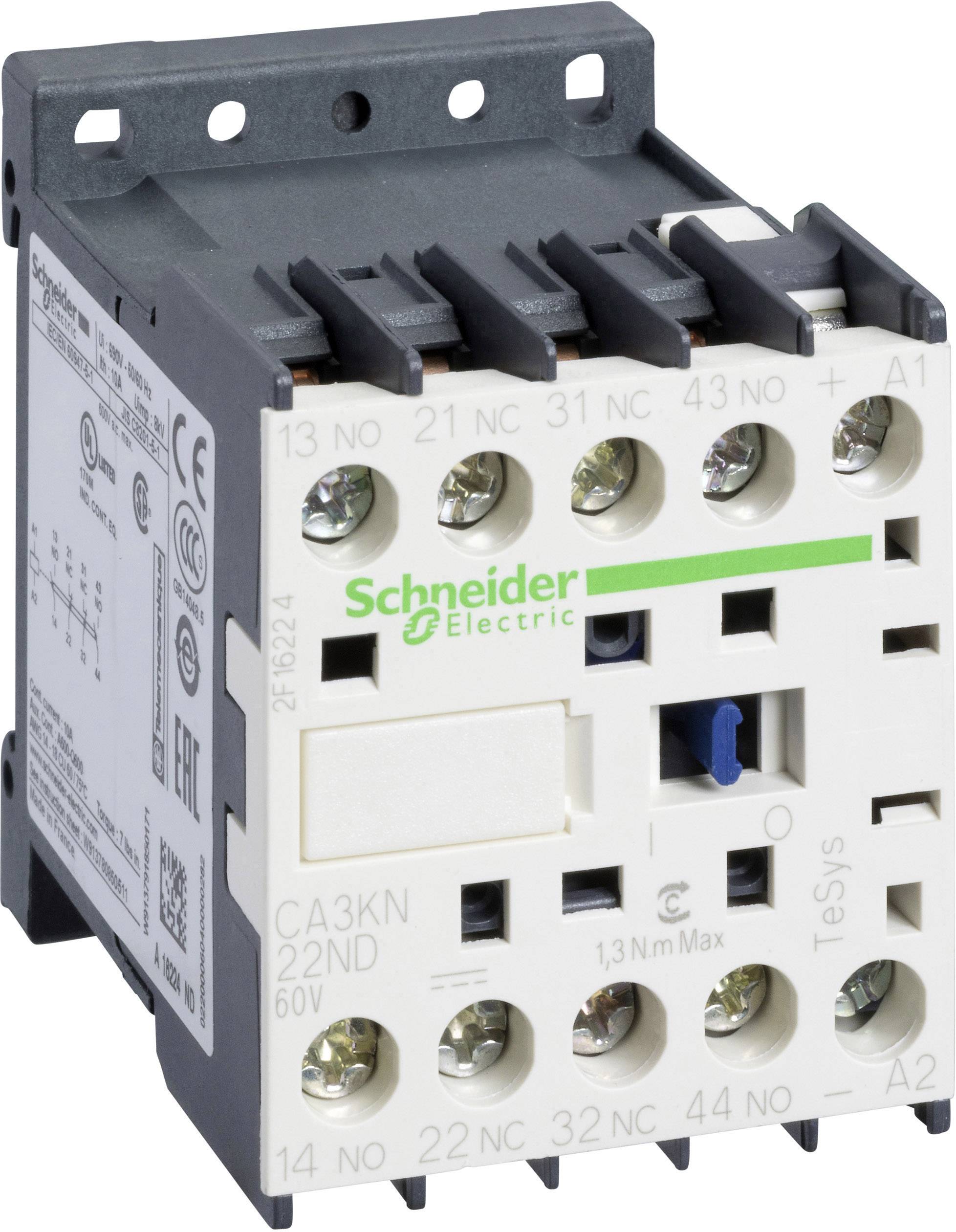 Kontaktor Schneider Electric z modelom CA3KN, 22A, 60V. Prikazuje električne priključke in prepoznavno zeleno logotip.