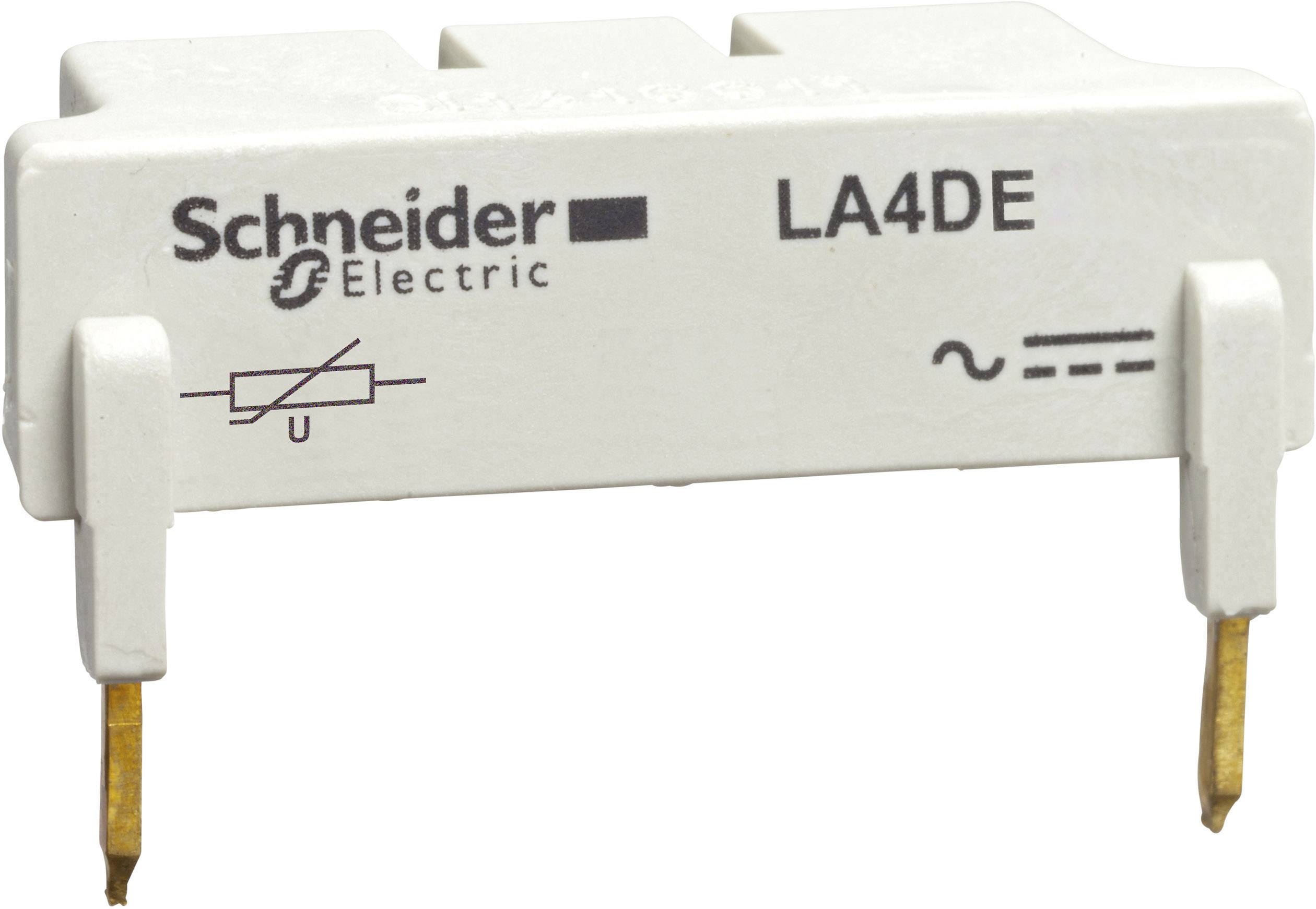 Bela električna komponenta podjetja Schneider Electric, model LA4DE, z dvema kovinskima priključkoma.
