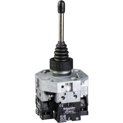 Industrijski joystick stikalo podjetja Schneider Electric, črno-srebrne barve, s štirimi kontaktnimi bloki in črnim gumijastim pokrovčkom.