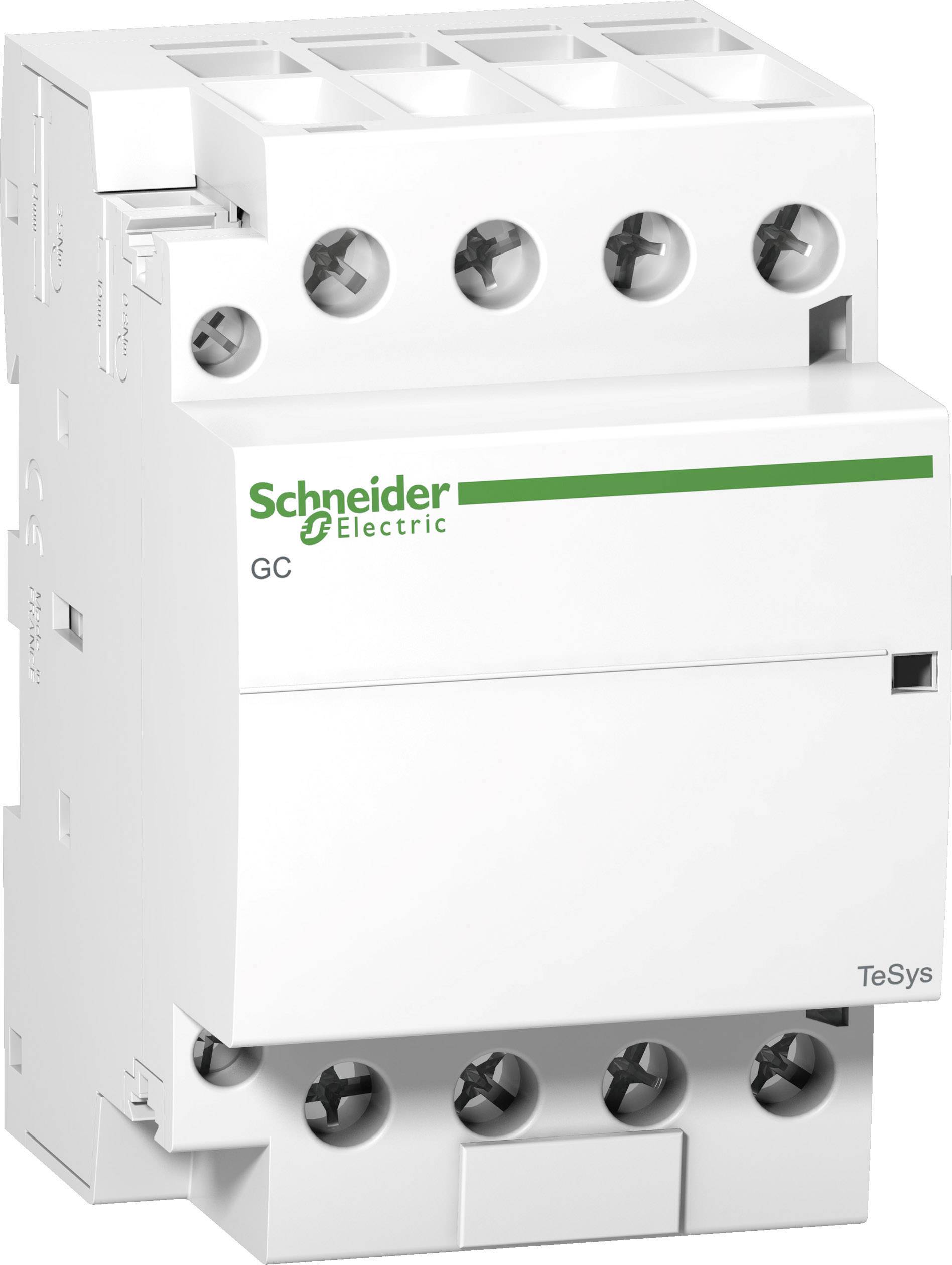Bela električna enota Schneider Electric z štirimi vijačnimi priključki na vrhu in tremi dodatnimi spodaj, model 'TeSys GC'.