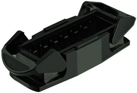 Črn, pravokoten plastični del z stranskimi pritrditvenimi mesti, verjetno adapter ali ohišje priključka.