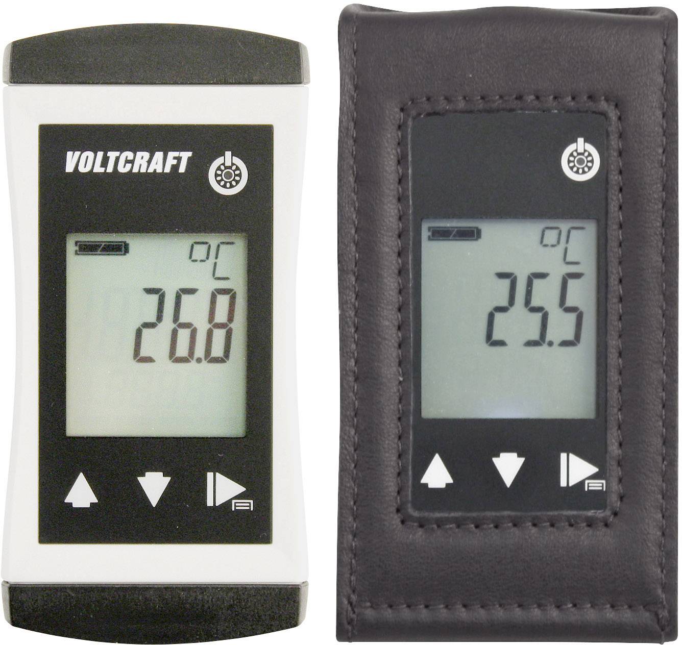 Dva digitalna termometra, levi prikazuje '26,8 °C', desni '25,5 °C'. Oba imata prikazovalne in navigacijske tipke.
