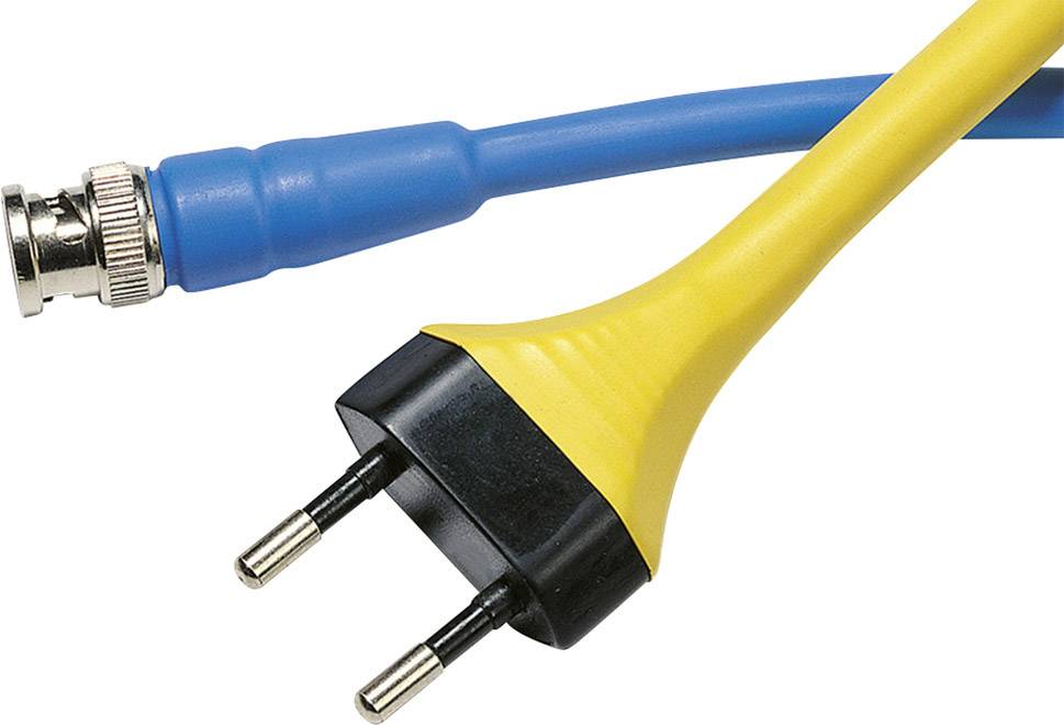 Dva kabla: modri koaksialni kabel s kovinskim vtičem in rumeni električni kabel z dvopolnim vtičem.