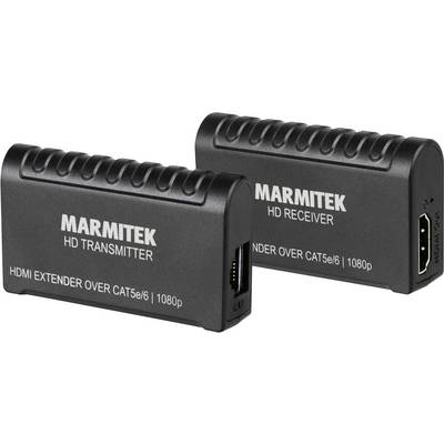 Dva črna Marmitek HDMI-podaljška; levo 'HD oddajnik', desno 'HD sprejemnik'; povezujeta HDMI prek CAT5e/6; podpora za 1080p.