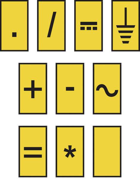 Rumeni znaki z električnimi simboli: pika, poševnica, ozemljitev, plus, minus, izmenični tok, enakost, zvezda.