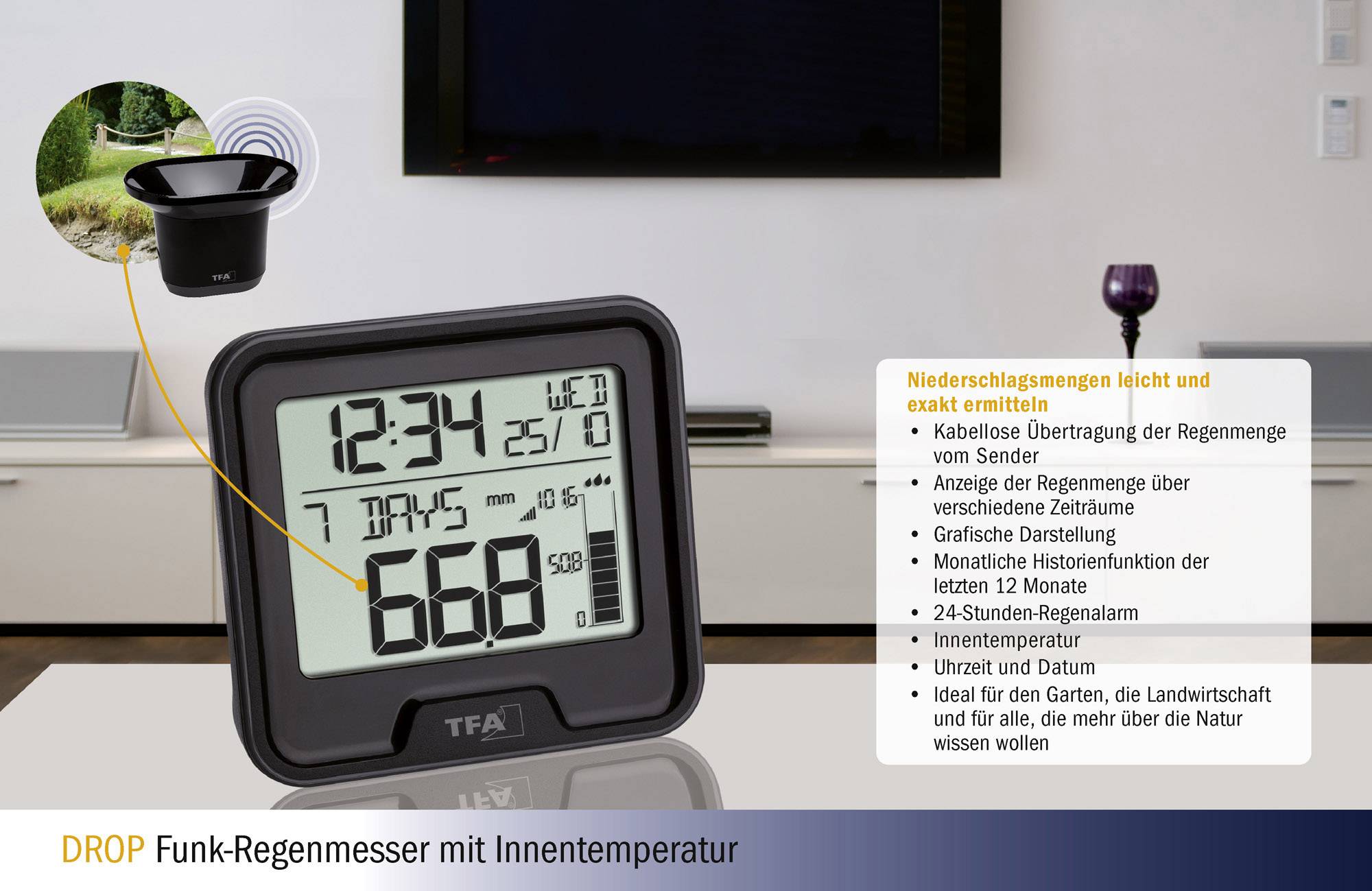 'DROP Funk-Regenmesser z notranjo temperaturo' prikazuje čas, datum, količino padavin in notranjo temperaturo na zaslonu.