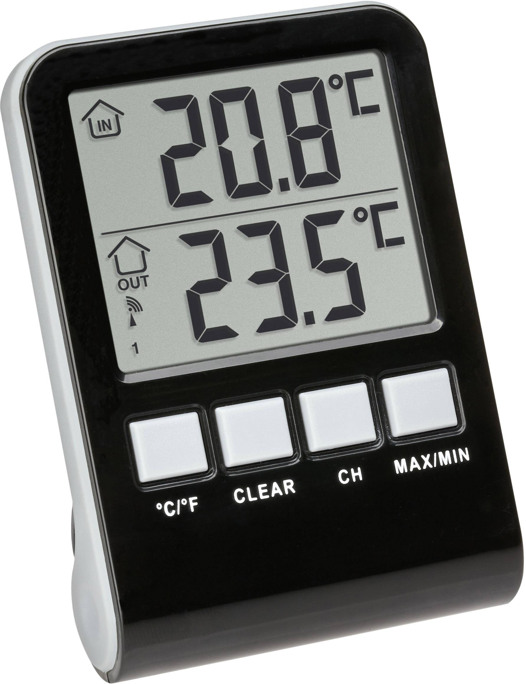 Digitalni termometer prikazuje 'IN' 20,8°C in 'OUT' 23,5°C. Ima tipke za °C/°F, CLEAR, CH in MAX/MIN.