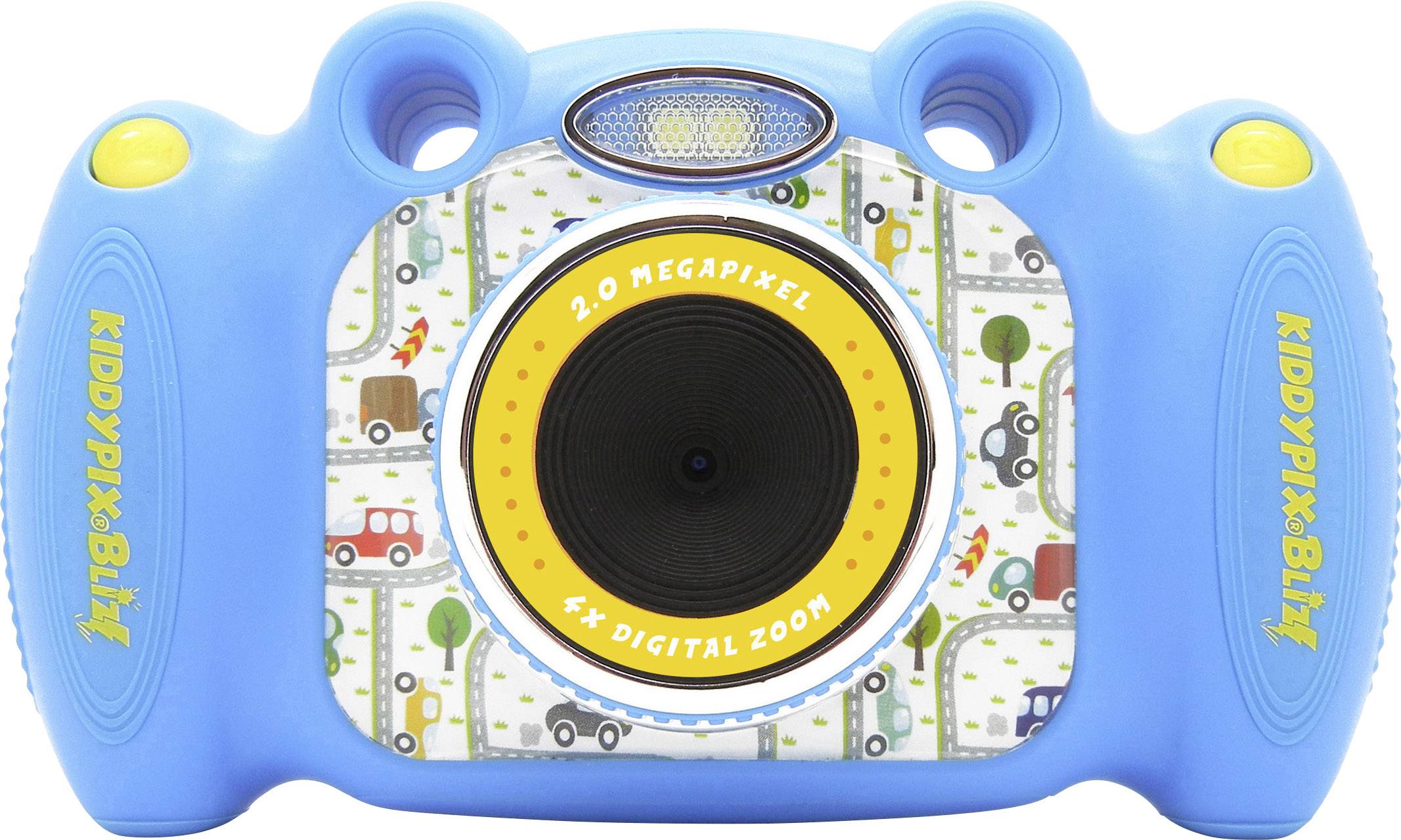 Modra otroška kamera z dvema rumenima gumboma. Na sredini je objektiv z napisom '2.0 megapikslov, 5x digitalna povečava'.