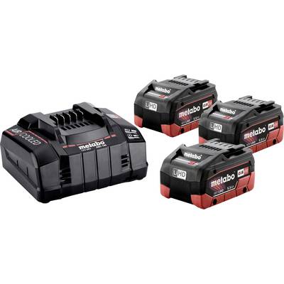 Tri napakovane baterije Metabo LiHD za električne orodje, prikazane na belem ozadju, vključno z eno večjo baterijo tipa polnilnika in dvema standardnima baterijama.
