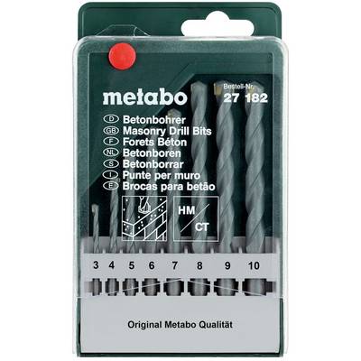 Paket Metabo svedrov za zidanje v prozornem plastičnem kovcku, označen s »Bestell-Nr. 27 182« in velikostmi od 3 do 10 mm.