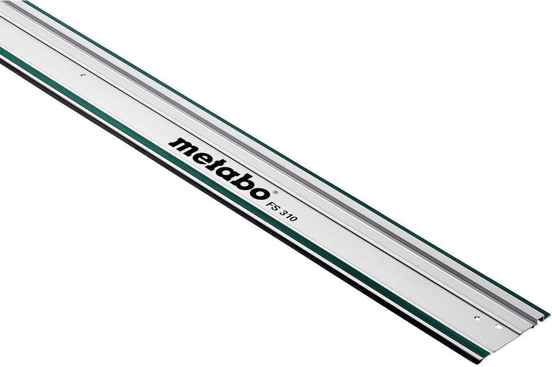 'Metabo FS 370' vodilna tirnica pod diagonalnim kotom, srebrne barve z črnimi in zelenimi pasovi, namenjena natančnemu žaganju.