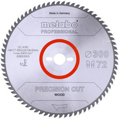 Krožna žaga za les Metabo Professional s preciznim rezom, narejena v Nemčiji, s premerom 300 mm in 72 zobmi.