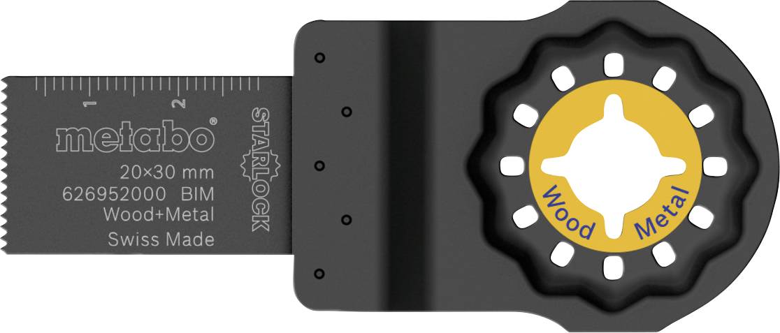 Črna kovin Multi-Tool rezilo pripomoček z napisom 'les + kovina' in '20x30 mm', s Starlock pritrditvijo.