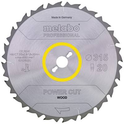 Krožna žagina za obdelavo lesa marke Metabo Professional z oznako 'POWER CUT WOOD' in '315', s poudarjenim sredičnim odvorom v rumeni barvi.