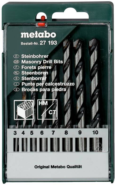 Metabo komplet svedrov za zidove v plastičnem ohišču s šestimi svedri v velikostih od 3 do 10 mm.