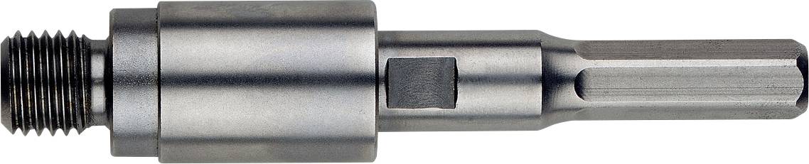 Adapter za kovinsko svečko vrtalne opreme s navojnim koncem na levi strani in šestkotnim stebličkom na desni strani.