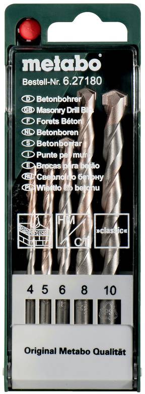 Metabo komplet svedrov s petimi zidarskimi svedri, označenih velikosti 4, 5, 6, 8 in 10 mm, v blister pakiranju.