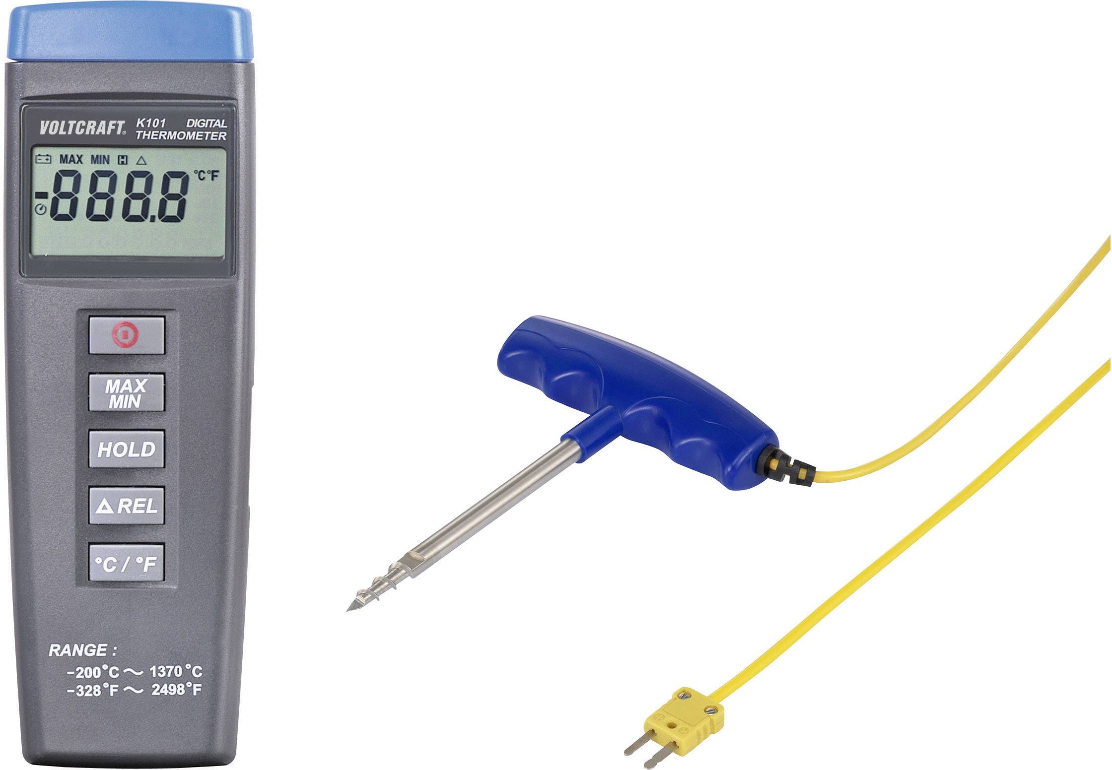 Digitalni termometer z zaslonom '888.8', povezan z rumeno temperaturno elektrodo in modrim ročajem. Meri od -200°C do 1370°C.