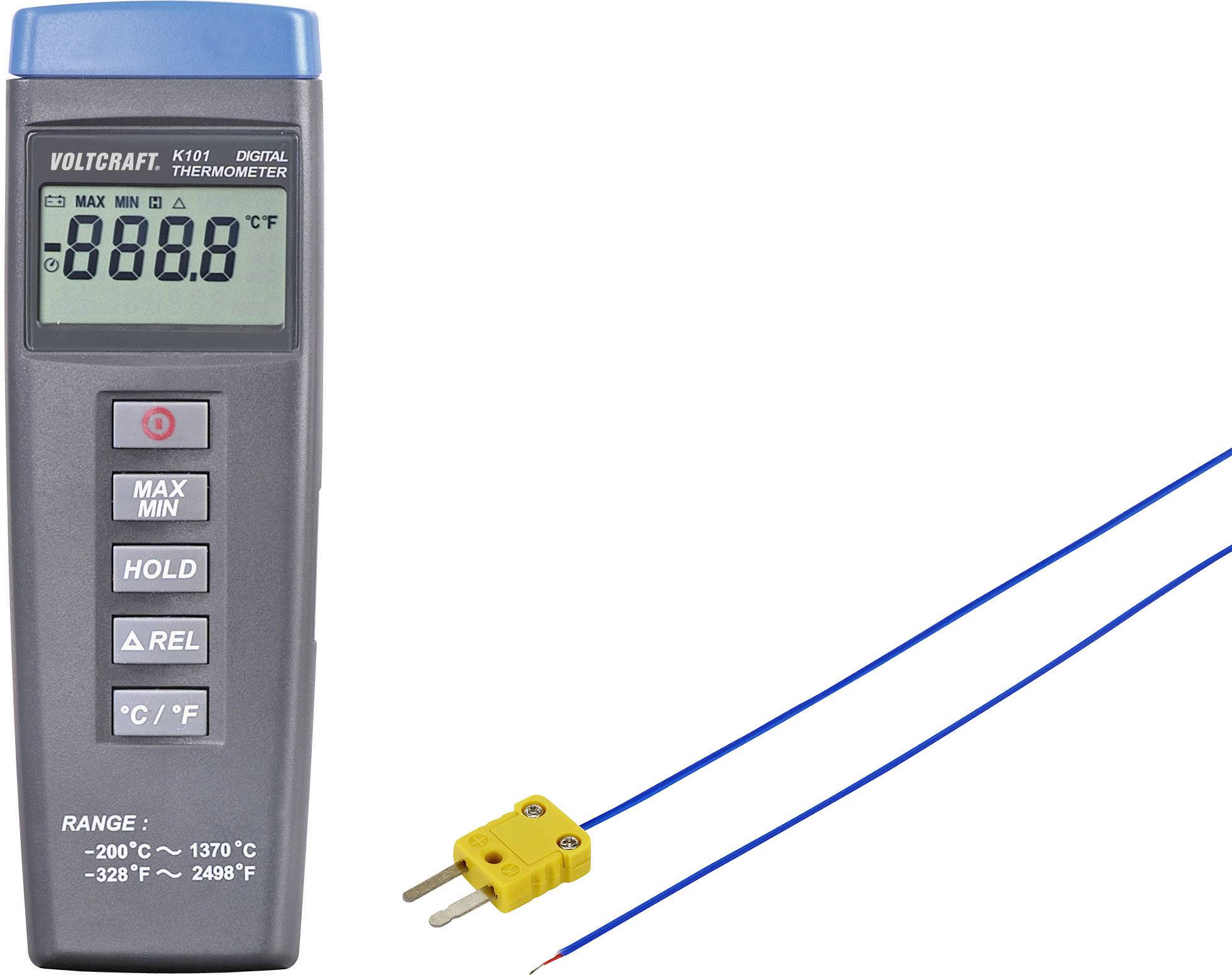 Digitalni termometer z odčitano vrednostjo. Naprava prikazuje '-888.8'. Temperaturno območje: -200°C do 1370°C. Na voljo sta dva merilna senzorja.