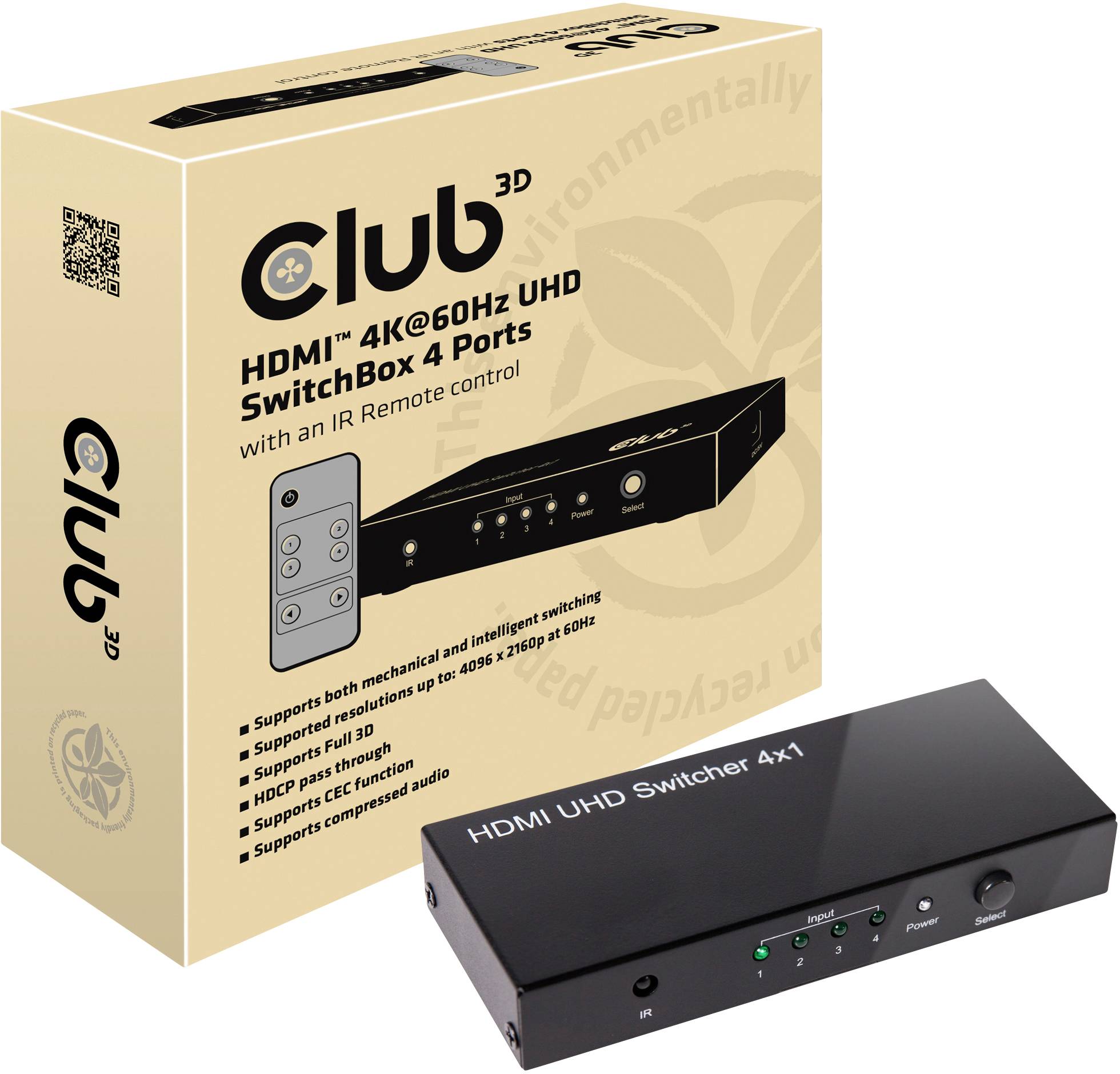 HDMI-stikalo s 4 vrati znamke Club 3D, primerno za 4K pri 60 Hz, vključno z IR-daljinskim upravljalnikom. Prikazana sta embalaža in naprava.