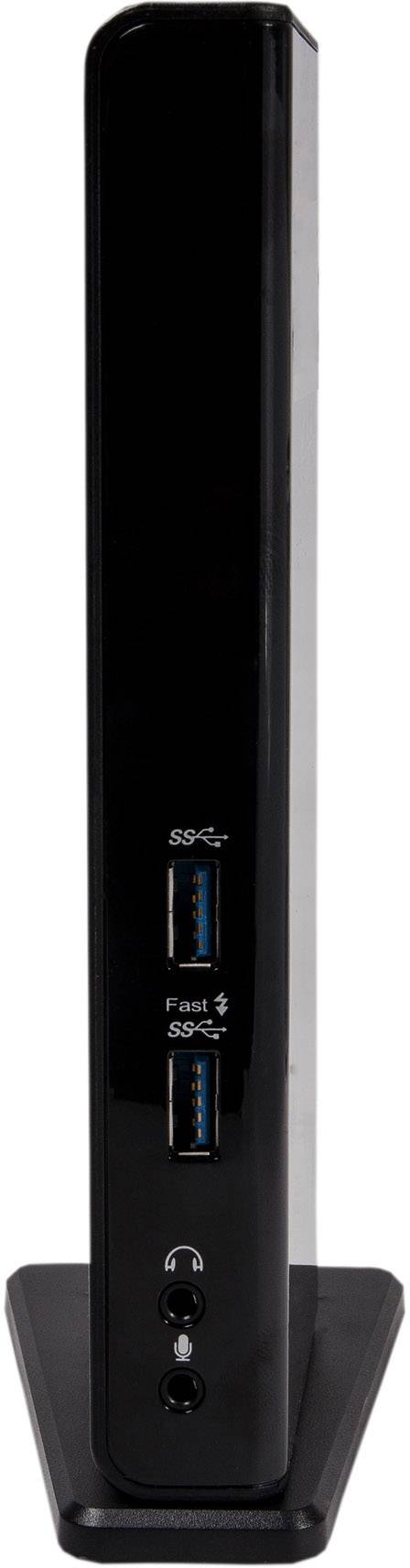Črno ohišje računalniške dokujočne postaje z dvema priključkoma USB 3.0 in avdio priključki na sprednji strani.