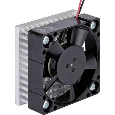 Črn ventilator s štirimi krili, nameščen na srebrnem hladilniku. Priključena sta rdeč in črn kabel.
