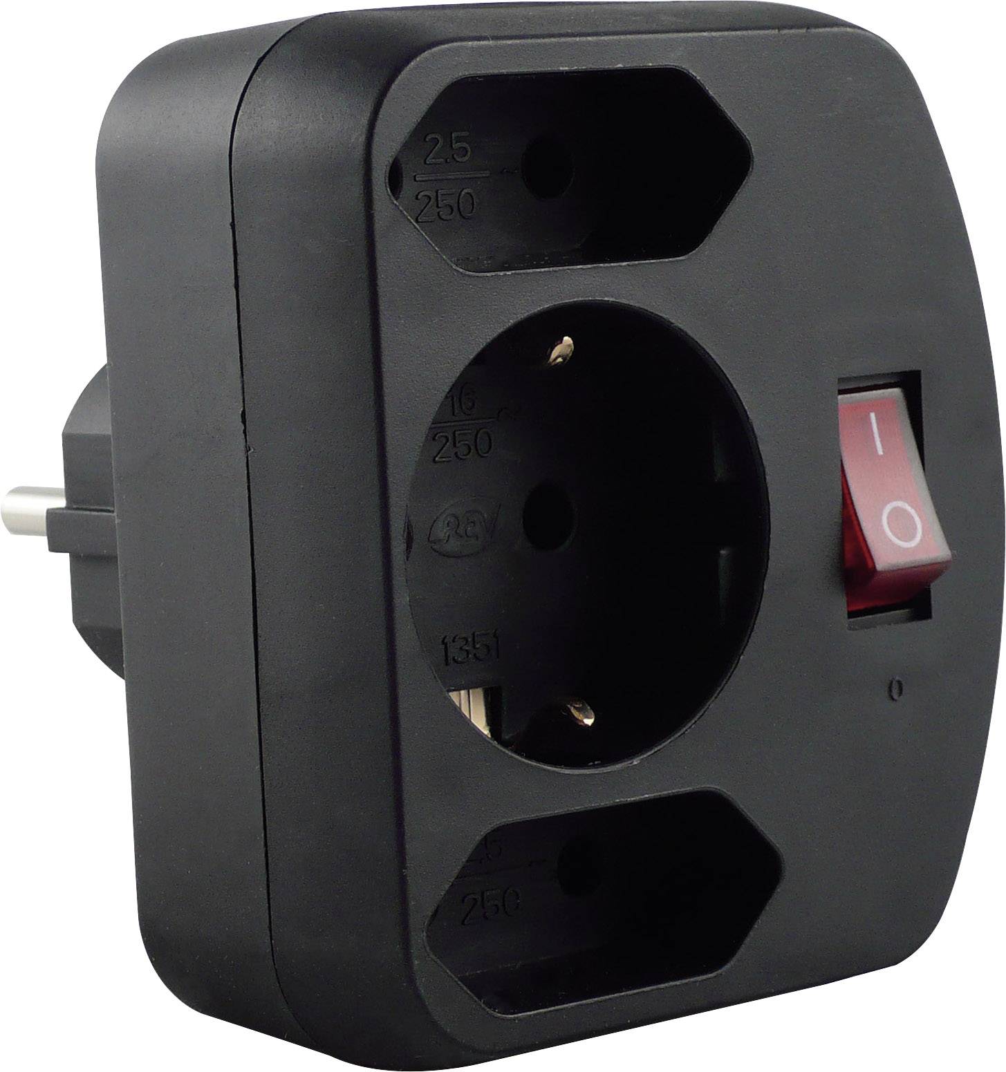Črn adapter za vtičnice s stikalom za vklop in izklop, primeren za več vtičev, z maksimalno težo 250 gramov.