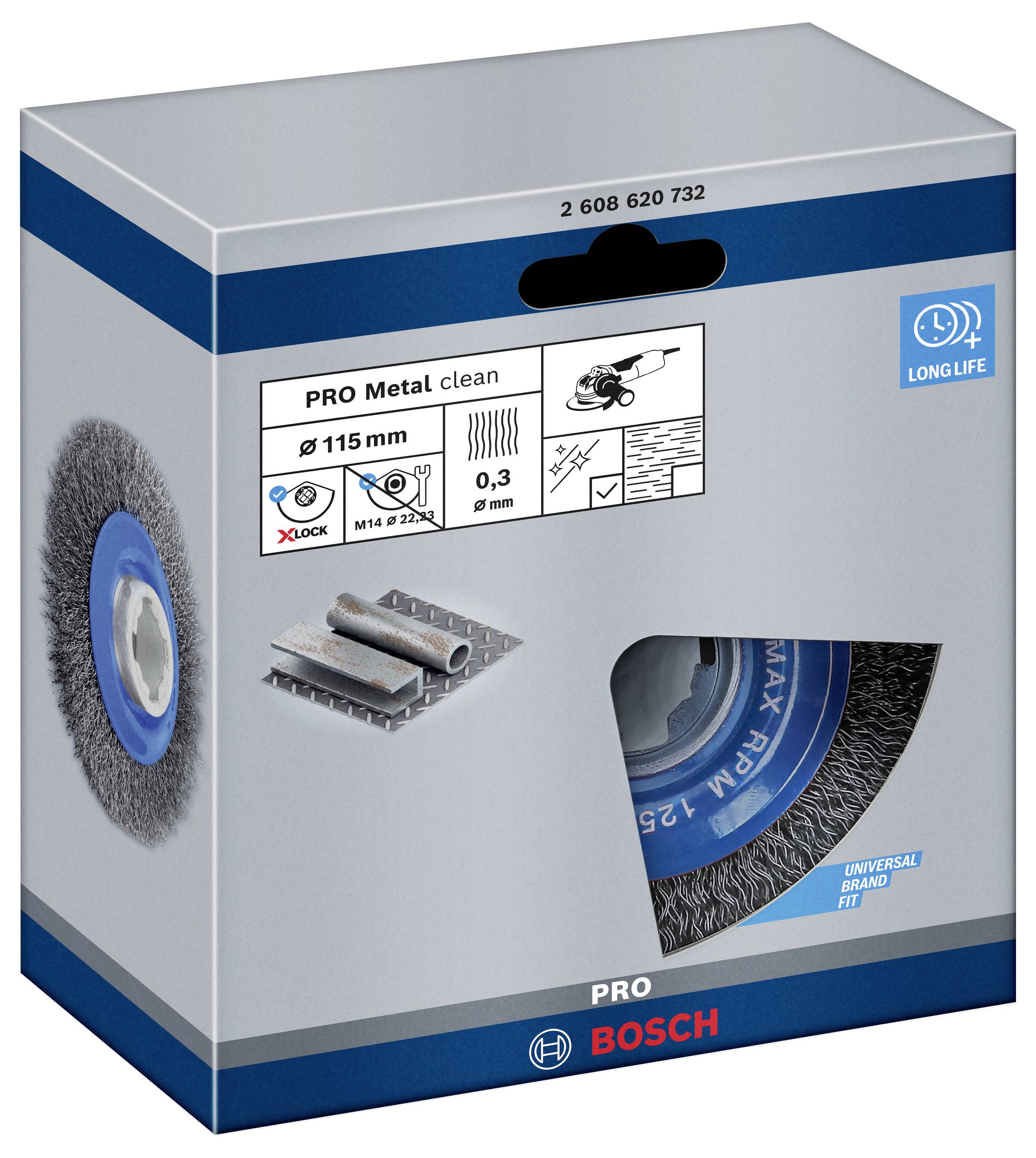 Embalaža žične krtače PRO Metal Clean podjetja Bosch, premer 115 mm, za čiščenje kovinskih površin.