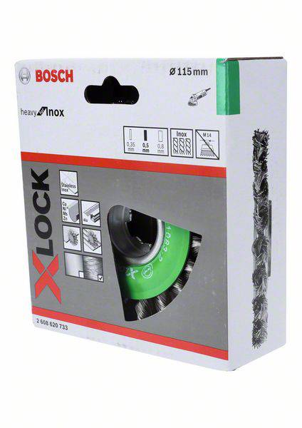 Boscheva X-Lock žična krtača v embalaži, z upodobitvijo krtače, primerna za nerjavno jeklo, premer 115 mm.