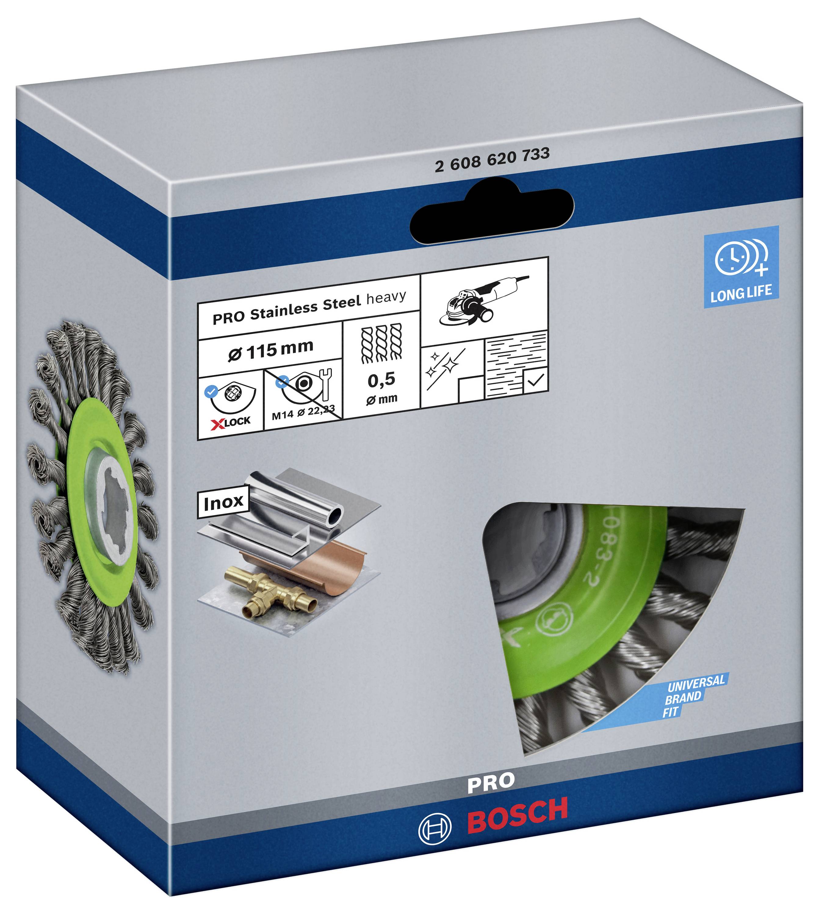 Embalaža Bosch PRO krtače iz nerjavečega jekla, premer 115 mm. Primerna za inox, vsebuje varnostne in navodila za uporabo.